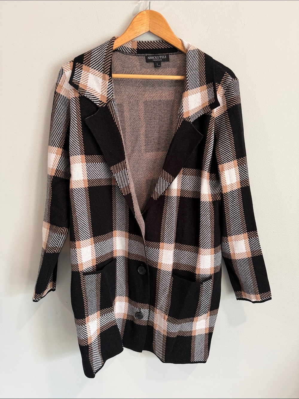 Absolutely Famous Black and Tan Plaid Open-Front Blazer